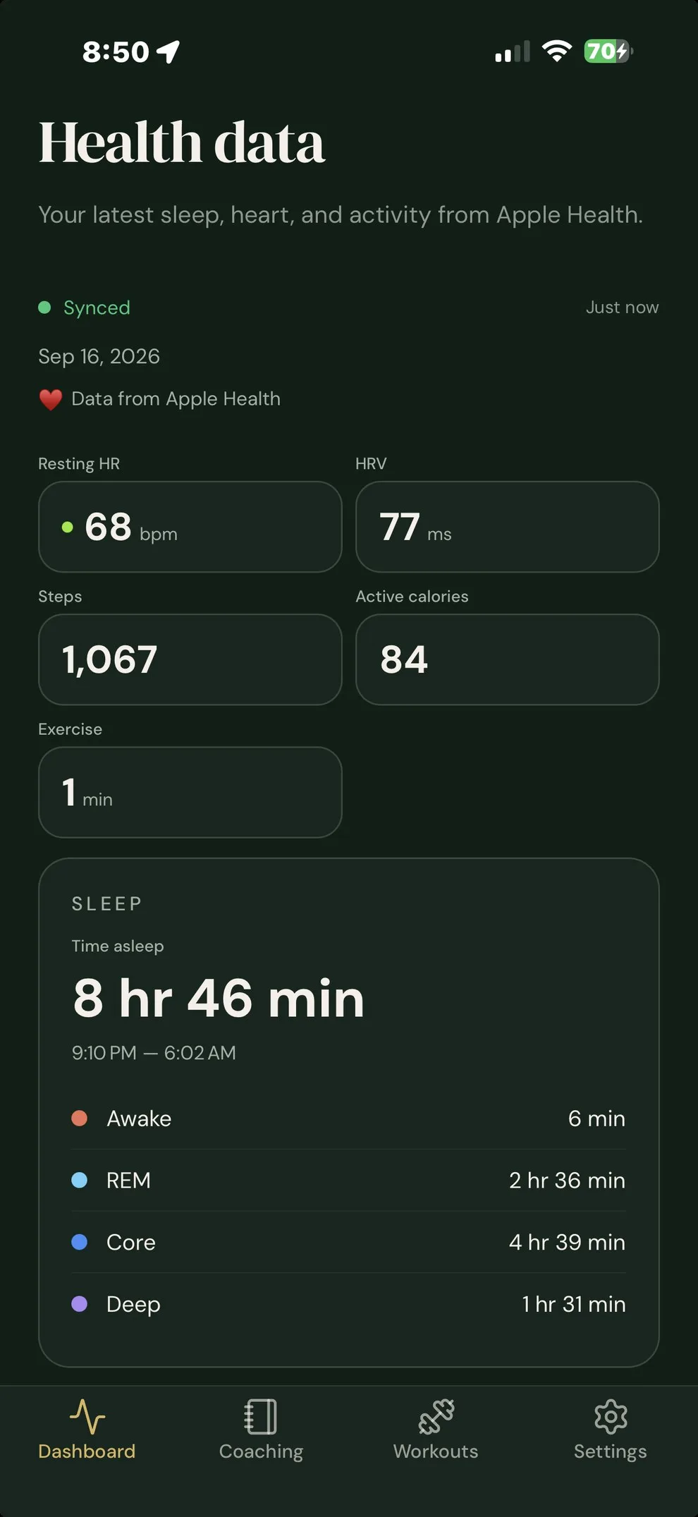 Health data screen in the Cold Brew Performance app showing resting heart rate, steps and last night's sleep, synced from Apple Health