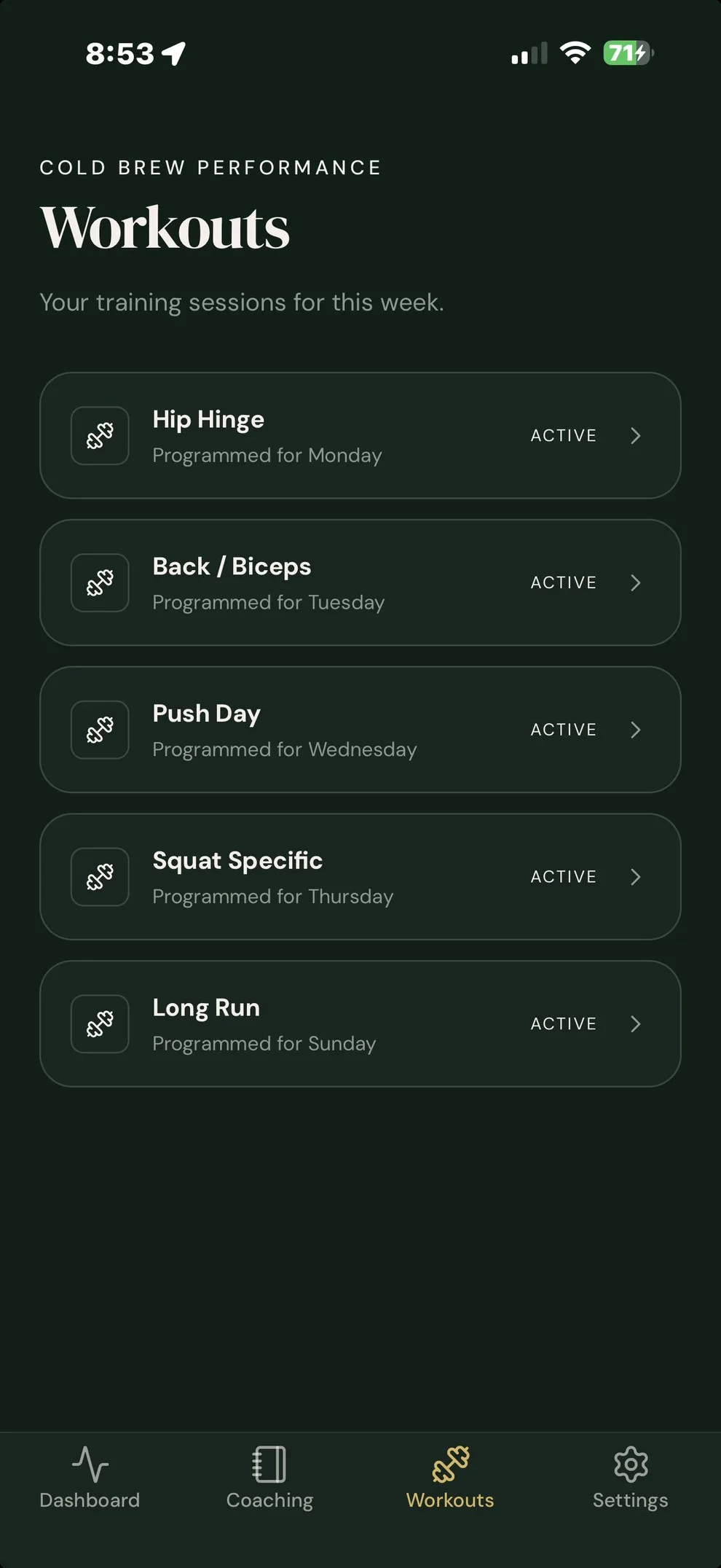 Workouts screen in the app listing the training sessions programmed for the week